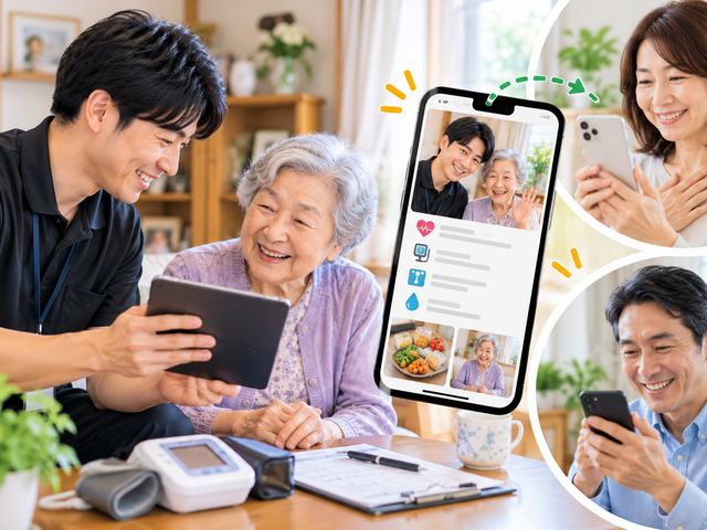 ご様子をスマートフォンでご家族へ報告するイメージ(安心報告サービス)