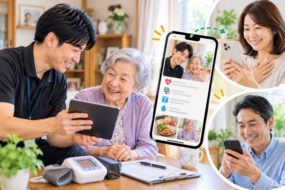 サポート中のご様子を写真とともにスマートフォンでご家族へ報告するイメージ